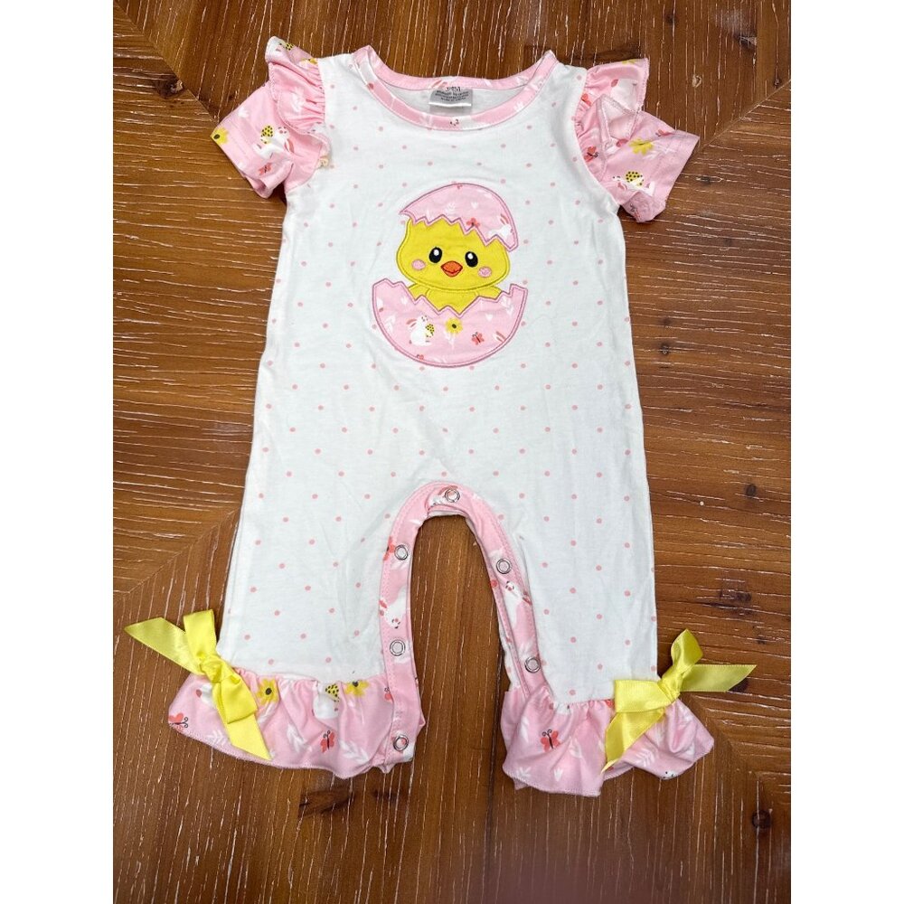 Easter Baby Girl Romper With Chick Applique & Ruffle Sleeves - Pink Polka Dot -